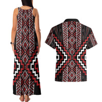 Red Tukutuku Pattern Aotearoa Couples Matching Tank Maxi Dress and Hawaiian Shirt Niho Taniwha and Puhoro Motifs LT7 - Polynesian Pride