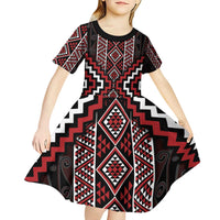 Red Tukutuku Pattern Aotearoa Kid Short Sleeve Dress Niho Taniwha and Puhoro Motifs