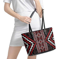 Red Tukutuku Pattern Aotearoa Leather Tote Bag Niho Taniwha and Puhoro Motifs LT7 - Polynesian Pride