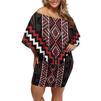 Red Tukutuku Pattern Aotearoa Off Shoulder Short Dress Niho Taniwha and Puhoro Motifs