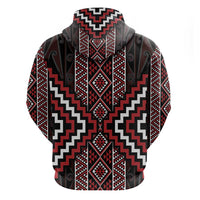 Red Tukutuku Pattern Aotearoa Zip Hoodie Niho Taniwha and Puhoro Motifs