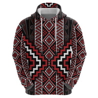 Red Tukutuku Pattern Aotearoa Zip Hoodie Niho Taniwha and Puhoro Motifs