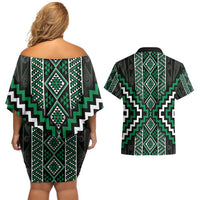 Jade Tukutuku Pattern Aotearoa Couples Matching Off Shoulder Short Dress and Hawaiian Shirt Niho Taniwha and Puhoro Motifs LT7 - Polynesian Pride