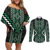 Jade Tukutuku Pattern Aotearoa Couples Matching Off Shoulder Short Dress and Long Sleeve Button Shirt Niho Taniwha and Puhoro Motifs LT7 Green - Polynesian Pride
