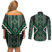 Jade Tukutuku Pattern Aotearoa Couples Matching Off Shoulder Short Dress and Long Sleeve Button Shirt Niho Taniwha and Puhoro Motifs LT7 - Polynesian Pride