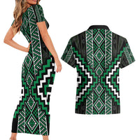 Jade Tukutuku Pattern Aotearoa Couples Matching Short Sleeve Bodycon Dress and Hawaiian Shirt Niho Taniwha and Puhoro Motifs LT7 - Polynesian Pride