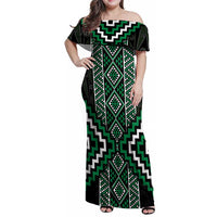 Jade Tukutuku Pattern Aotearoa Family Matching Off Shoulder Maxi Dress and Hawaiian Shirt Niho Taniwha and Puhoro Motifs LT7 Mom's Dress Green - Polynesian Pride