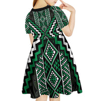 Jade Tukutuku Pattern Aotearoa Kid Short Sleeve Dress Niho Taniwha and Puhoro Motifs