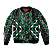 Jade Tukutuku Pattern Aotearoa Sleeve Zip Bomber Jacket Niho Taniwha and Puhoro Motifs