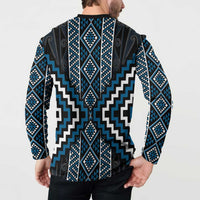 Azure Tukutuku Pattern Aotearoa Button Sweatshirt Niho Taniwha and Puhoro Motifs LT7 - Polynesian Pride