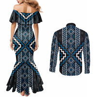 Azure Tukutuku Pattern Aotearoa Couples Matching Mermaid Dress and Long Sleeve Button Shirt Niho Taniwha and Puhoro Motifs LT7 - Polynesian Pride