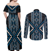 Azure Tukutuku Pattern Aotearoa Couples Matching Off Shoulder Maxi Dress and Long Sleeve Button Shirt Niho Taniwha and Puhoro Motifs LT7 - Polynesian Pride