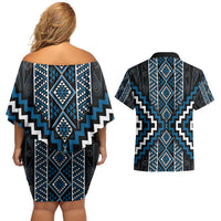 Azure Tukutuku Pattern Aotearoa Couples Matching Off Shoulder Short Dress and Hawaiian Shirt Niho Taniwha and Puhoro Motifs LT7 - Polynesian Pride