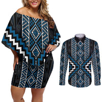 Azure Tukutuku Pattern Aotearoa Couples Matching Off Shoulder Short Dress and Long Sleeve Button Shirt Niho Taniwha and Puhoro Motifs LT7 Blue - Polynesian Pride