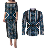 Azure Tukutuku Pattern Aotearoa Couples Matching Puletasi and Long Sleeve Button Shirt Niho Taniwha and Puhoro Motifs