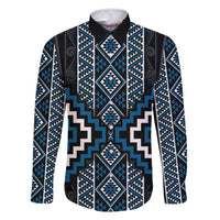 Azure Tukutuku Pattern Aotearoa Family Matching Long Sleeve Bodycon Dress and Hawaiian Shirt Niho Taniwha and Puhoro Motifs LT7 Dad's Shirt - Long Sleeve Blue - Polynesian Pride