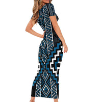 Azure Tukutuku Pattern Aotearoa Family Matching Short Sleeve Bodycon Dress and Hawaiian Shirt Niho Taniwha and Puhoro Motifs
