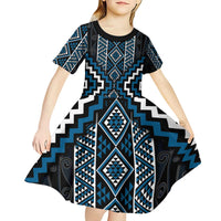 Azure Tukutuku Pattern Aotearoa Kid Short Sleeve Dress Niho Taniwha and Puhoro Motifs