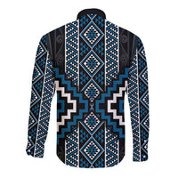 Azure Tukutuku Pattern Aotearoa Long Sleeve Button Shirt Niho Taniwha and Puhoro Motifs LT7 - Polynesian Pride