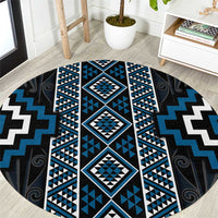 Azure Tukutuku Pattern Aotearoa Round Carpet Niho Taniwha and Puhoro Motifs