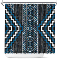 Azure Tukutuku Pattern Aotearoa Shower Curtain Niho Taniwha and Puhoro Motifs