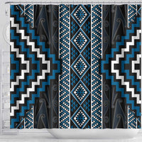 Azure Tukutuku Pattern Aotearoa Shower Curtain Niho Taniwha and Puhoro Motifs