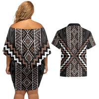 Classic Tukutuku Pattern Aotearoa Couples Matching Off Shoulder Short Dress and Hawaiian Shirt Niho Taniwha and Puhoro Motifs LT7 - Polynesian Pride