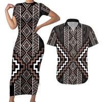 Classic Tukutuku Pattern Aotearoa Couples Matching Short Sleeve Bodycon Dress and Hawaiian Shirt Niho Taniwha and Puhoro Motifs LT7 Brown - Polynesian Pride