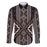 Classic Tukutuku Pattern Aotearoa Family Matching Puletasi and Hawaiian Shirt Niho Taniwha and Puhoro Motifs LT7 Dad's Shirt - Long Sleeve Brown - Polynesian Pride