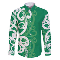 Pounamu Green Maori Family Matching Mermaid Dress and Hawaiian Shirt Koru Kowhaiwhai LT7 Dad's Shirt - Long Sleeve Green - Polynesian Pride