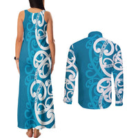 Azure Blue Maori Couples Matching Tank Maxi Dress and Long Sleeve Button Shirt Koru Kowhaiwhai LT7 - Polynesian Pride