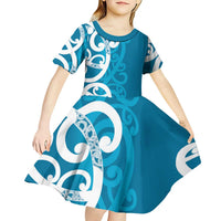 Azure Blue Maori Kid Short Sleeve Dress Koru Kowhaiwhai - Polynesian Pride