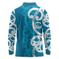 Azure Blue Maori Long Sleeve Polo Shirt Koru Kowhaiwhai - Polynesian Pride