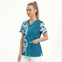 Azure Blue Maori Scrub Top Koru Kowhaiwhai - Polynesian Pride