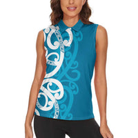 Azure Blue Maori Women Sleeveless Polo Shirt Koru Kowhaiwhai - Polynesian Pride