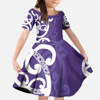 Violet Green Maori Family Matching Off Shoulder Maxi Dress and Hawaiian Shirt Koru Kowhaiwhai LT7 Daughter's Dress Violet - Polynesian Pride