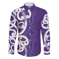 Violet Green Maori Family Matching Tank Maxi Dress and Hawaiian Shirt Koru Kowhaiwhai LT7 Dad's Shirt - Long Sleeve Violet - Polynesian Pride