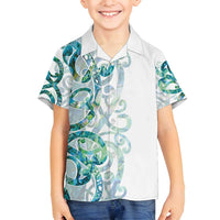 Paua Shell Maori Family Matching Off Shoulder Short Dress and Hawaiian Shirt Koru Kowhaiwhai LT7 Son's Shirt White - Polynesian Pride