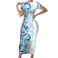 Turquoise Paua Shell Maori Short Sleeve Bodycon Dress Koru Kowhaiwhai - Polynesian Pride