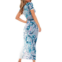 Turquoise Paua Shell Maori Short Sleeve Bodycon Dress Koru Kowhaiwhai - Polynesian Pride