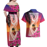 Guam Chamorro Couples Matching Off Shoulder Maxi Dress and Hawaiian Shirt Artsy Latte Stone