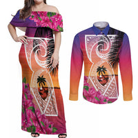 Guam Chamorro Couples Matching Off Shoulder Maxi Dress and Long Sleeve Button Shirt Artsy Latte Stone