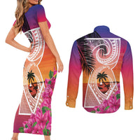 Guam Chamorro Couples Matching Short Sleeve Bodycon Dress and Long Sleeve Button Shirt Artsy Latte Stone