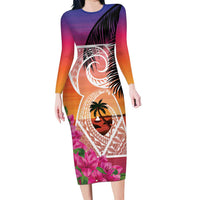 Guam Chamorro Family Matching Long Sleeve Bodycon Dress and Hawaiian Shirt Artsy Latte Stone