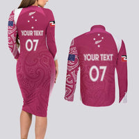 Personalised New Zealand Rugby Couples Matching Long Sleeve Bodycon Dress and Long Sleeve Button Shirt Aotearoa Champions - Pink Version