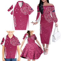 Personalised New Zealand Rugby Family Matching Off The Shoulder Long Sleeve Dress and Hawaiian Shirt Aotearoa Champions - Pink Version
