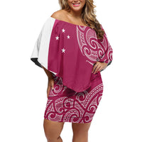 Personalised New Zealand Rugby Family Matching Off Shoulder Short Dress and Hawaiian Shirt Aotearoa Champions - Pink Version