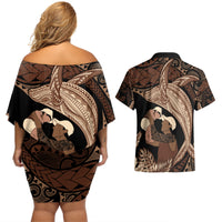 Father's Day Polynesian Pattern Couples Matching Off Shoulder Short Dress and Hawaiian Shirt Tropical Humpback Whale