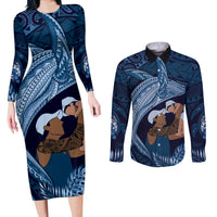 Father's Day Polynesian Pattern Couples Matching Long Sleeve Bodycon Dress and Long Sleeve Button Shirt Tropical Humpback Whale - Navy