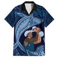 Father's Day Polynesian Pattern Family Matching Long Sleeve Bodycon Dress and Hawaiian Shirt Tropical Humpback Whale - Navy